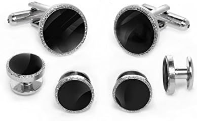 Silver-Tone Cufflinks and Studs Set for Tuxedo Shirts - Silver-Tone and Black w/ Scroll Edge