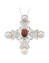 14K White Gold Mozambique Garnet, Pearl and Diamond Cross Pendant -- LIFETIME WARRANTY
