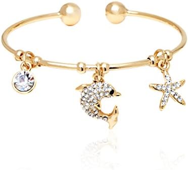 Gold & Crystal Dolphin Starfish Charm Cuff Made with Swarovski Elements
