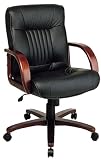 Leather Mid Back Chair With Cherry Finish Wood Base and Arms By Office Star