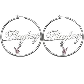 Platinum Plated Playboy Hoop Earrings Pink Crystal Pave Bunny Logo Authentic Licensed Jewelry CPBE3063