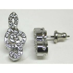 Beautiful Chrome Treble Clef Rhinestone Earrings Music