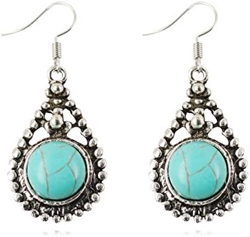 VCreations Simulated Turquoise Dangle Earrings Tibetan Silver Fashion Jewelries - Tribal Round