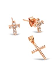 Rose Gold Plated Pave Cz Cross Set Pendant And Stud Earrings