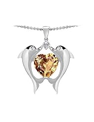 Original Star K (tm) Kissing Love Dolphins Pendant With Heart Shape 8mm Simulated Imperial Yellow Topaz in .925 Sterling Silver