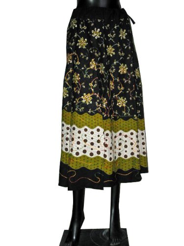 Womens Bellydance Boho Sequin Beaded Cotton Black Green Skirt India 35 Inches