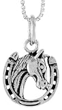 Sterling Silver Oxidized Horse Shoe w/ Horse Head Pendant, 9/16 (14mm) tall