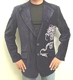 Dragonfly Clothing Navy Blue Velvet Blazer with Embroidered Dragon Tattoo Design, Wicked Cool Musician Coat, Clubbing Blazer