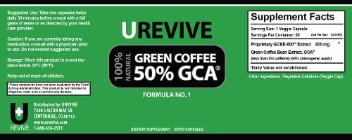 Urevive Green Coffee Bean Extract with GCA - 100% Natural, Safe Weight Loss Supplement - 60 Count / 30 Day Supply