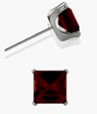 Genuine 5mm Square Princess Cut Garnet 14 Karat White Gold Stud Earrings