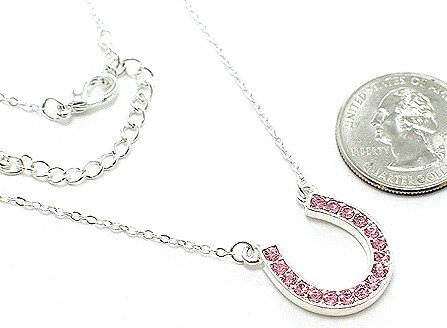 Trendy Lucky PINK Ice Crystal Horseshoe Charm Necklace Silver Tone
