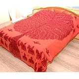 Tree of Life Hand Wooden Block Print Gudari Work Bedspread - Full / Queen Size 11 (Carmine Pink 11)