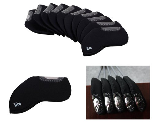 Bundle Monster 10pc Neoprene Golf Iron Club See Through Window Head Cover Protection Case Set - Black - For Taylormade, Nike, Callaway, Etc