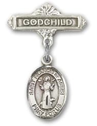 Sterling Silver Baby Badge with St. Francis of Assisi Charm and Godchild Badge Pin