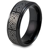 Black Plated Polished Tungsten Carbide Ring with Greek Laser Design (8.0mm) - Sizes 8 - 13
