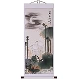 Hand-Painted 48" Oriental Wall Art Scroll - Two Herons & Crescent Moon With White Border