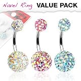 Body Accentz® Belly Button Ring Navel Assorted Aurora Borealis Crystal Ferido 316L Surgical Steel bar value pack Body Jewelry 14 Gauge