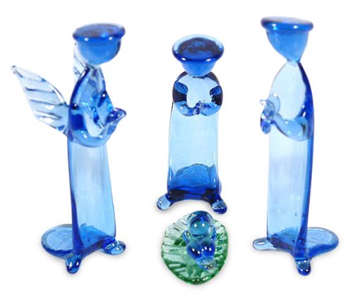 Glass nativity scene, 'Christmas Peace in Blue' set of 4