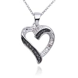 Platinum Overlay Sterling Silver Black and White Diamond Heart Pendant, 18
