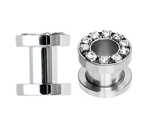 Plugs Surgical Steel Double Flared Hollow Tunnels CZ 2 Pieces from 8 Gauge - 00 Gauge