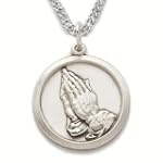 Sterling Silver 3/4" Praying Hands Medal Necklace with Serenity Prayer on Back on 20" Chain