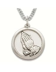 Sterling Silver 3/4" Praying Hands Medal Necklace with Serenity Prayer on Back on 20" Chain