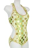 Lime Green with Gold Polka Dots Halter Monokini Swimsuit with Low Rise Bottom