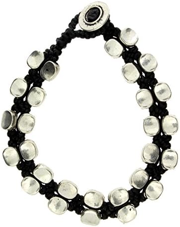 Oval Silver Alloy Beaded Bracelet Wrist Jewelry Waxed Linen Wristband Black