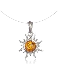 Baltic Honey Amber and Sterling Silver Medium Flaming Sun Bracelet and Pendant Necklace Set, 8"