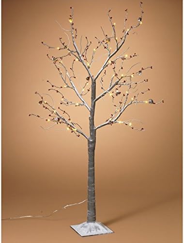 4'H Grey Winter Tree With Red Berries &amp; Pinecones, 48 Warm White Lights, Electric