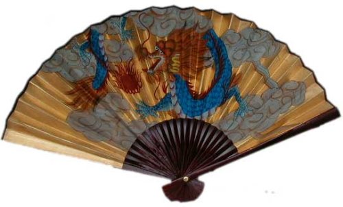 Gold Chinese dragon wall fan - hand painted