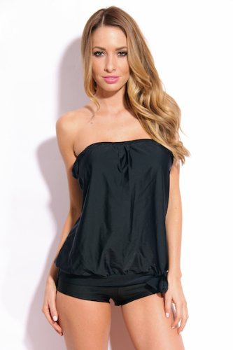 2 PC. Ladies Black Blouson Top Swimsuit Set