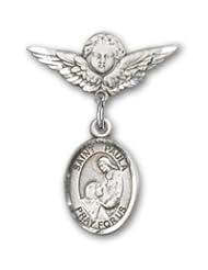 Sterling Silver Baby Badge with St. Paula Charm and Angel with Wings Badge Pin