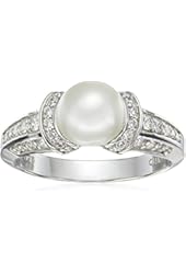 Platinum-Plated Sterling Silver Cubic Zirconia Freshwater Cultured Pearl Ring