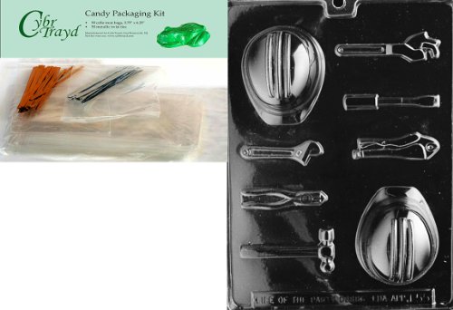 Cybrtrayd Hard Hat Tools Hammer Chocolate Candy Mold with Packaging Bundle of 50 Cello Bags, 25 Gold and 25 Silver Twist Ties and Chocolate Molding Instructions