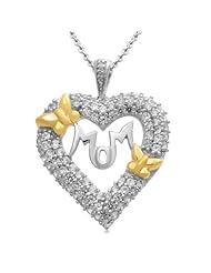Sterling Silver Round Created Sapphire with Gold Plated Butterflies Diamond Heart Mom Pendant Necklace 18"