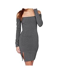 Sexy Fitted Slit Polyester/Spandex Bateau Neck Long Sleeves Off the Shoulder Bandage Dress/Bodycon Dress/Party Dress/Mini Dress 