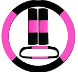 Black and hot pink steering wheel cover, seat belt covers and rear view mirror cover. Package in a nice box. Black and hot pink steering wheel cover, seat belt covers and rear view mirror cover. Package in a nice box.