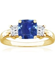 18K Yellow Gold Cushion Cut Blue Sapphire Three Stone Ring (GIA Certificate)