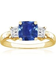 14K Yellow Gold Cushion Cut Blue Sapphire Three Stone Ring (GIA Certificate)