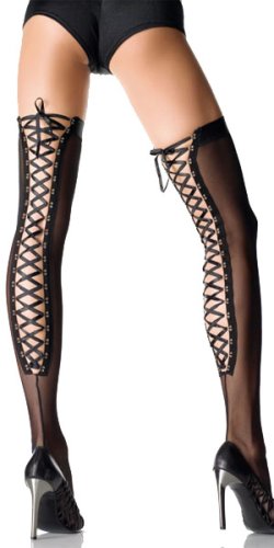 Lycra Mesh Thigh Highs With Metal Hook Satin Ribbon Lace Up Back by Leg Avenue