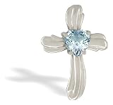 14K White Gold Genuine Heart Aquamarine Cross Pendant