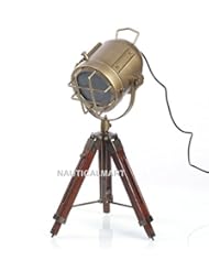 Lighting: NAUTICALMART VINTAGE INDUSTRIAL STYLE BROWN BRASS FINISH TEAK WOOD TRIPOD TABLE LAMP - NAUTICALMART INC