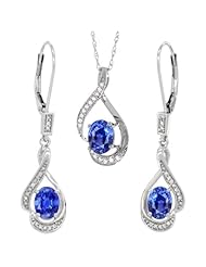 14K White Gold Natural Blue Sapphire Lever Back Earrings & Pendant Set Diamond Accent