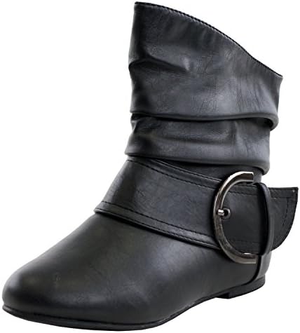 Women's Ankle Booties Buckle Mid Calf Buckle Slouch Flat Heel Strap Fashion Shoes - (BLACK) - 6