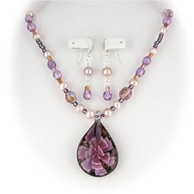 Murano Glass Violet Flower Pendant Freshwater Pearl Earrings Necklace Sterling Silver 1052