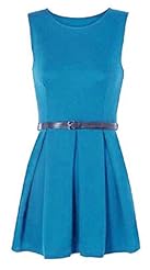 Sleeveless Scoop Neck Stretchy Belted Elastane/Polyester Flared-Skirt Elasticized   Waistline Skater Dress/Party Dress 