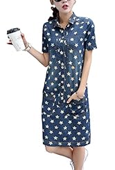 General Print Knee Length Summer Denim Short Sleeves  Shirt  Dress