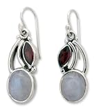Moonstone and garnet dangle earrings, 'Flight of the Comet'
