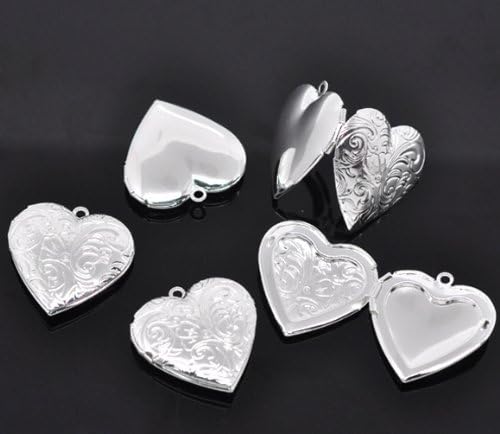 10 Silver Plated Photo Heart Locket Charm Pendant Filigree